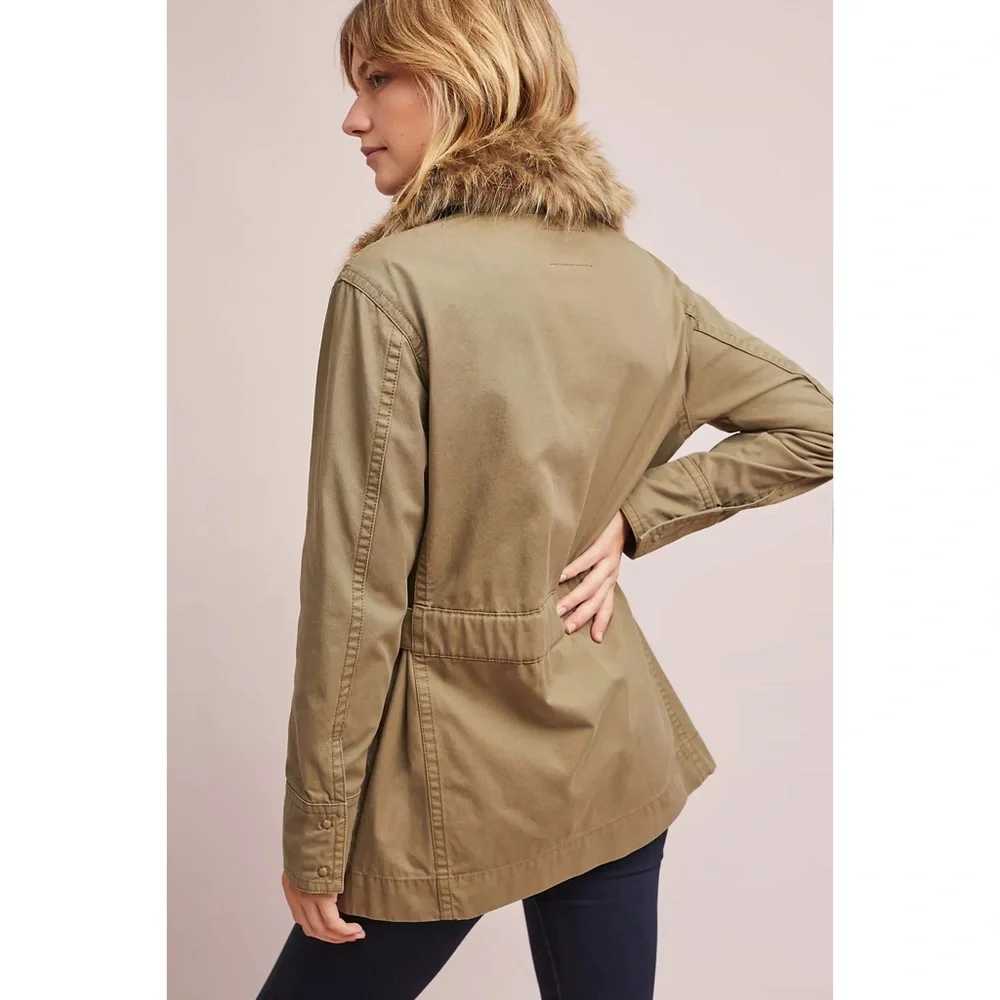 Anthropologie Faux Fur-Trimmed Field Parka Olive Green Jacket Women’s Medium - Picture 2 of 16